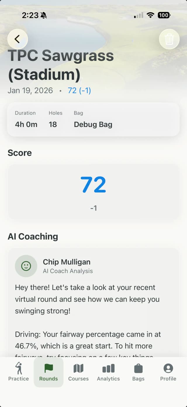 AI Coach interface showing personalized recommendations, identified patterns, and suggested drills