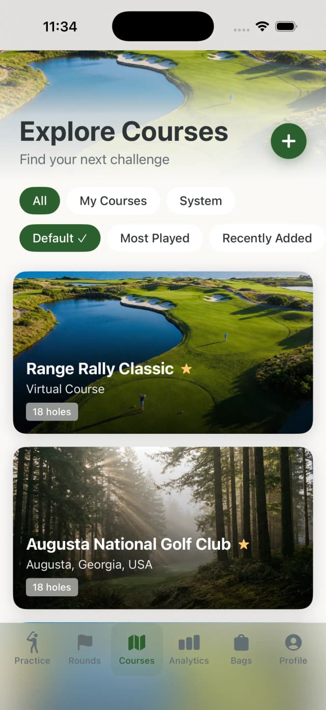 Virtual round interface showing a par 4 hole layout with shot placement and distance to pin