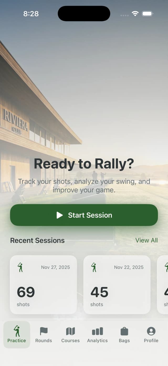Practice session interface showing shot logging and club selection