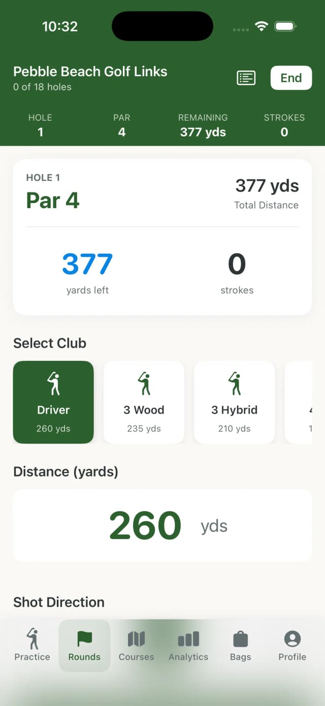 Apple Watch interface showing shot logging with club selection and distance tracking