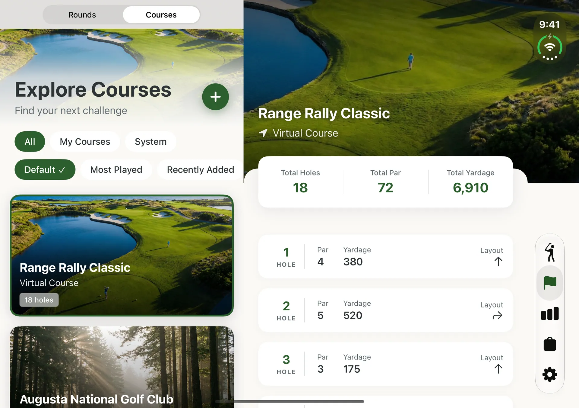 The Courses list on iPhone Duo with Range Rally Classic open on the right page, showing 18 holes, par 72 and 6,910 yards.