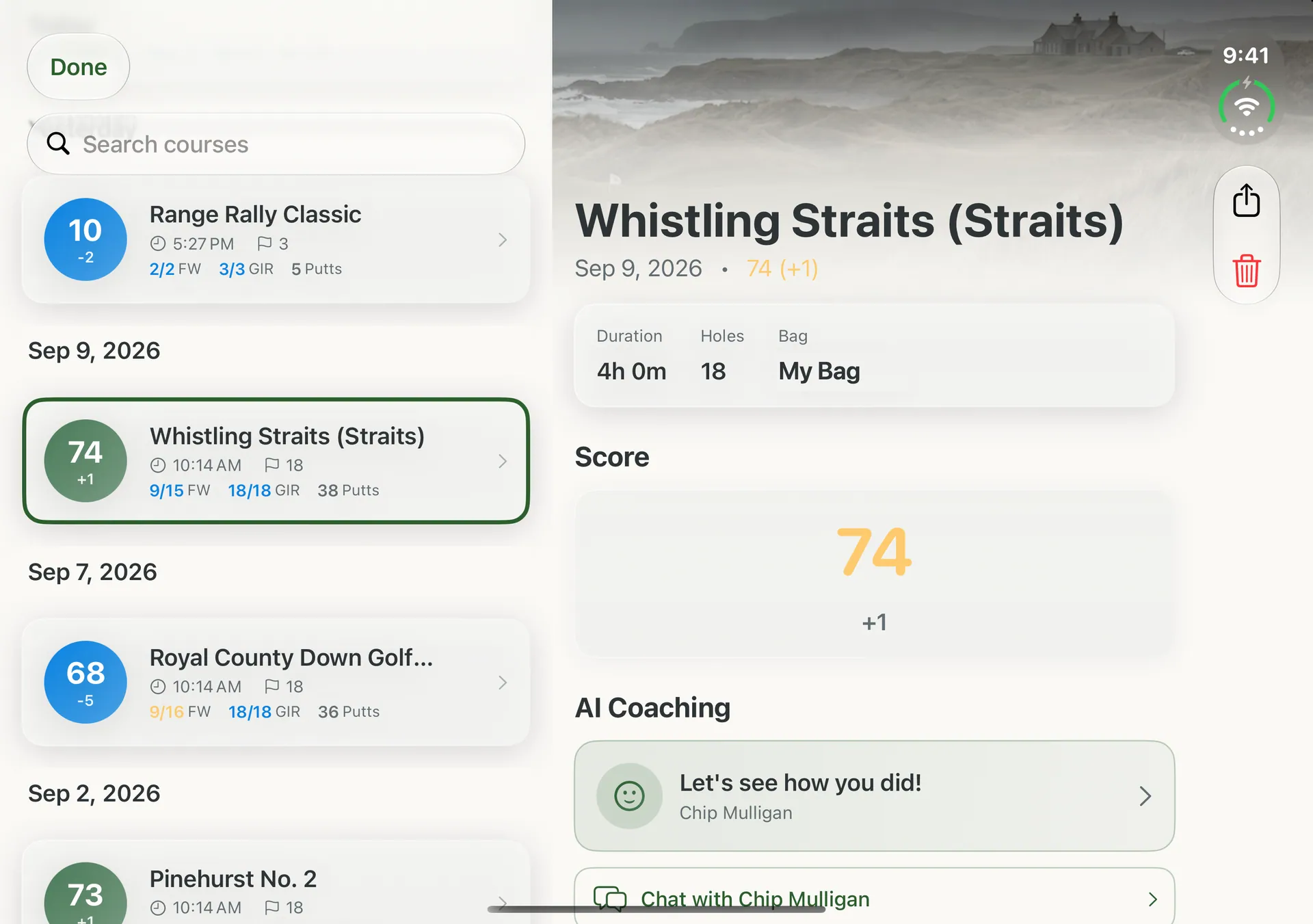 Round history on iPhone Duo with a round of 74 at Whistling Straits open on the right page.