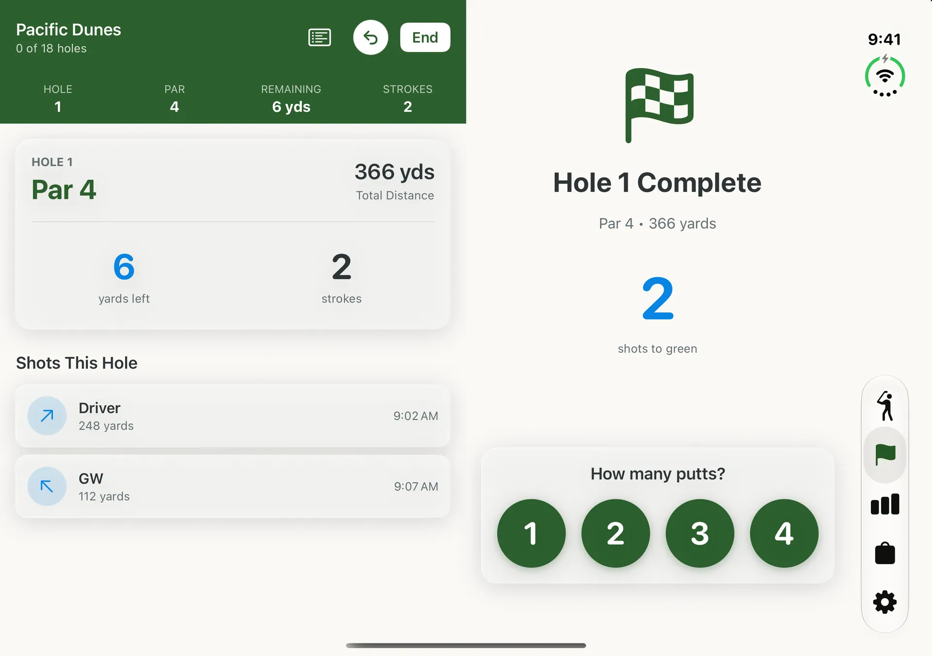 Hole 1 complete on iPhone Duo, with shots on the left and buttons for one to four putts on the right.