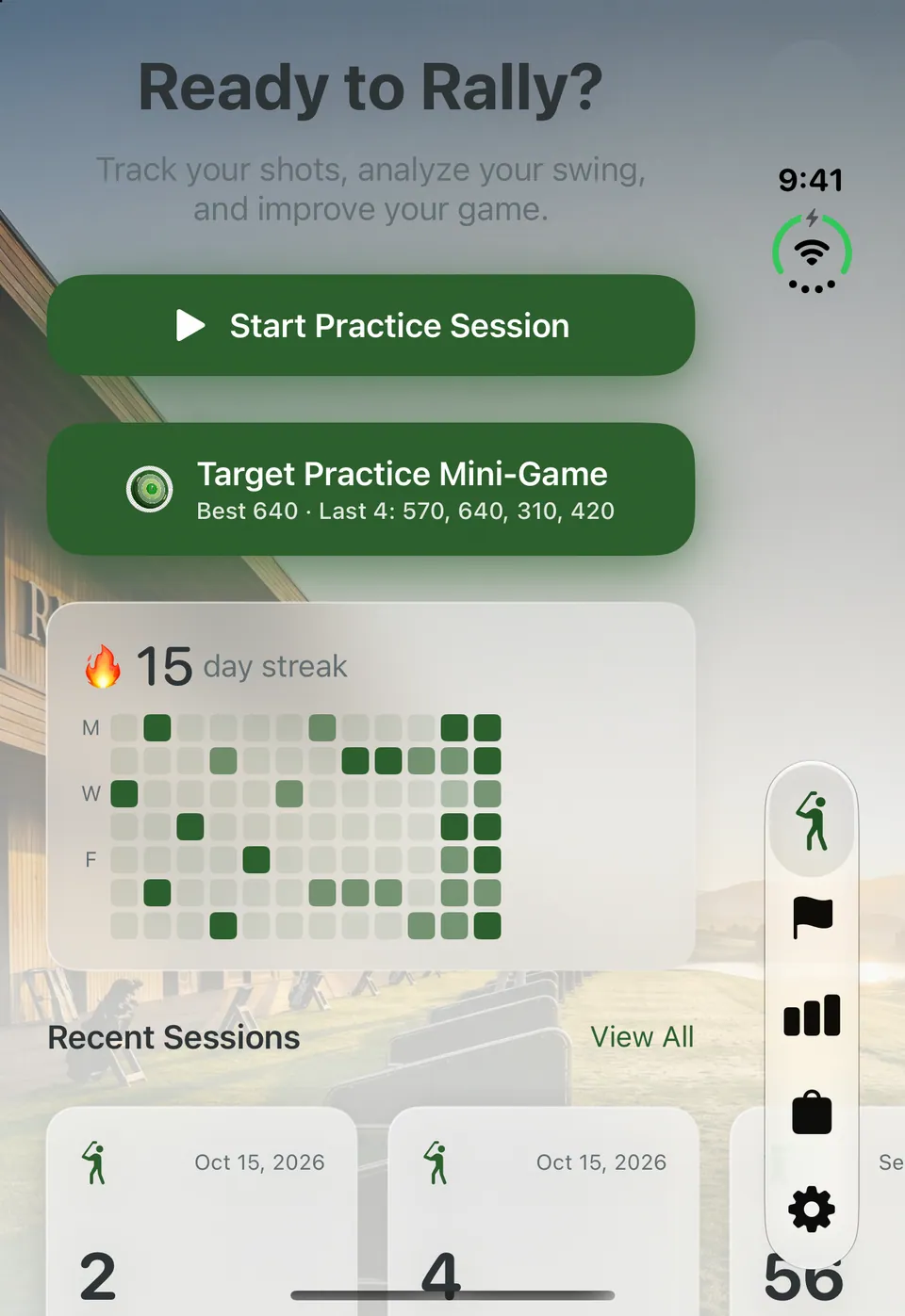 Range Rally folded on the iPhone Duo outer display, showing the Practice tab with the tab bar down the side.