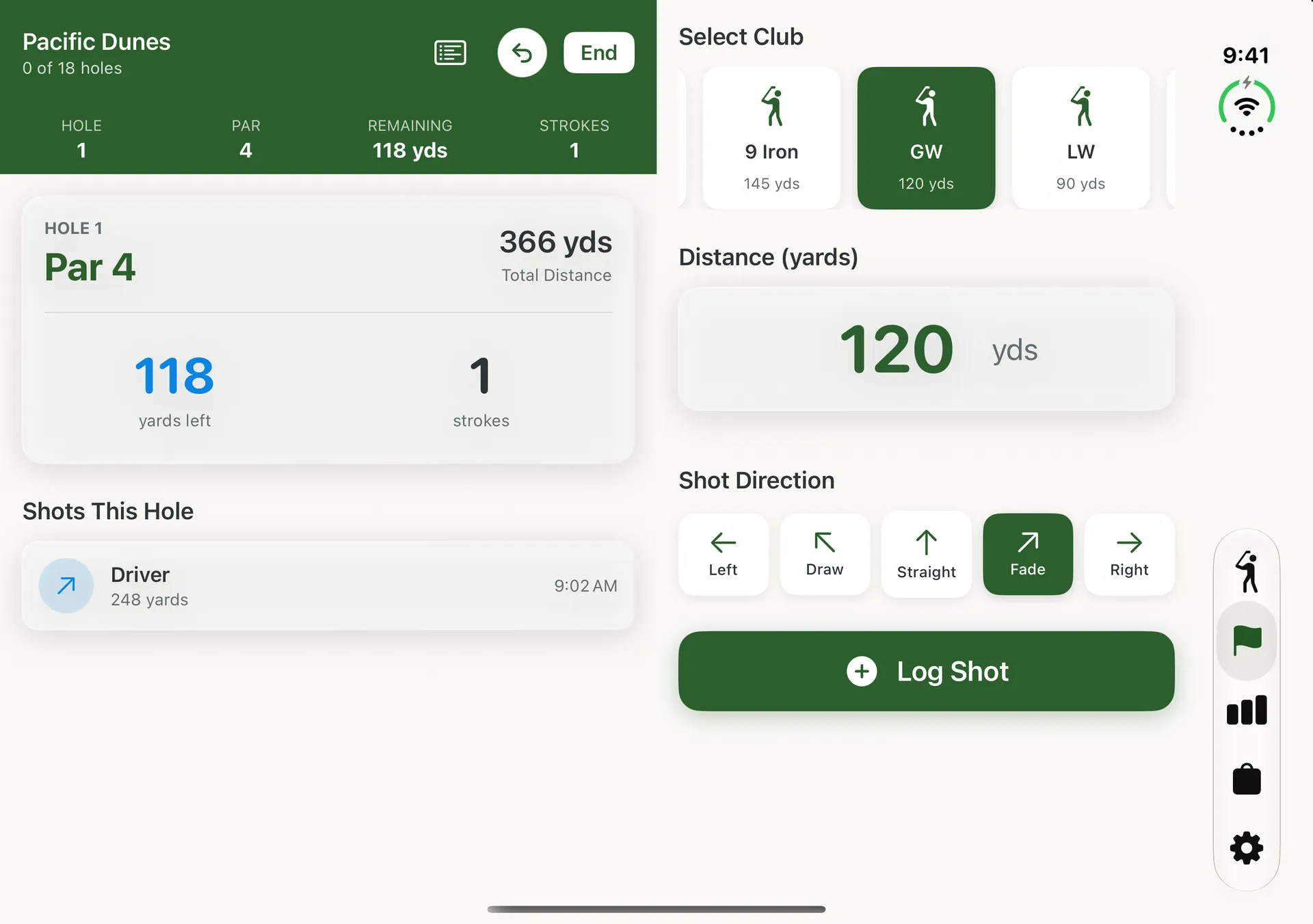 Range Rally on an unfolded iPhone Duo: a round at Pacific Dunes with stats on the left page and shot entry on the right.