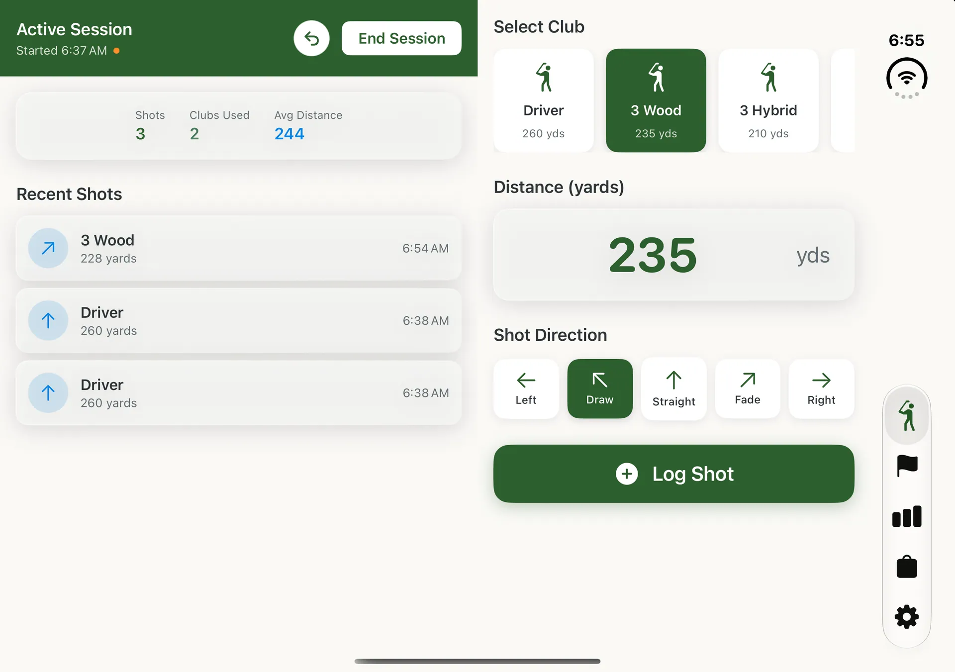 An active practice session on iPhone Duo: shot summary and recent shots on the left, shot entry on the right.