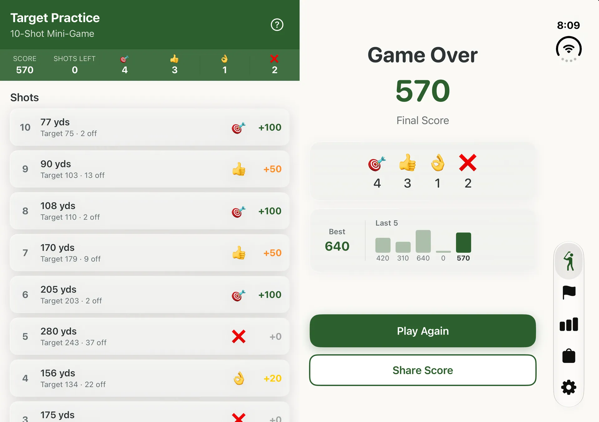 A finished Target Practice game on iPhone Duo: ten shots listed on the left, Game Over with a 570 score on the right.