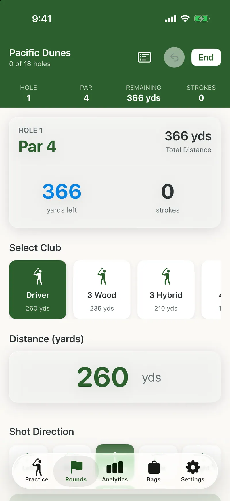 Hole 1 at Pacific Dunes, a 366-yard par 4, with the driver selected at 260 yards.
