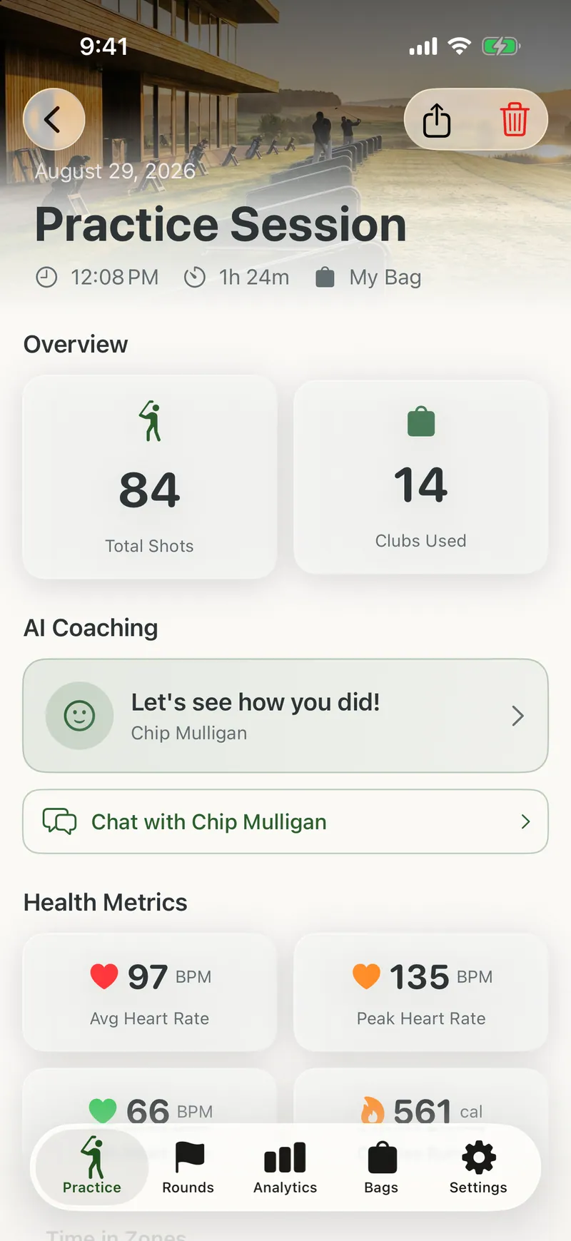 A practice session summary with 84 shots, 14 clubs, AI Coaching from Chip Mulligan and heart-rate metrics.