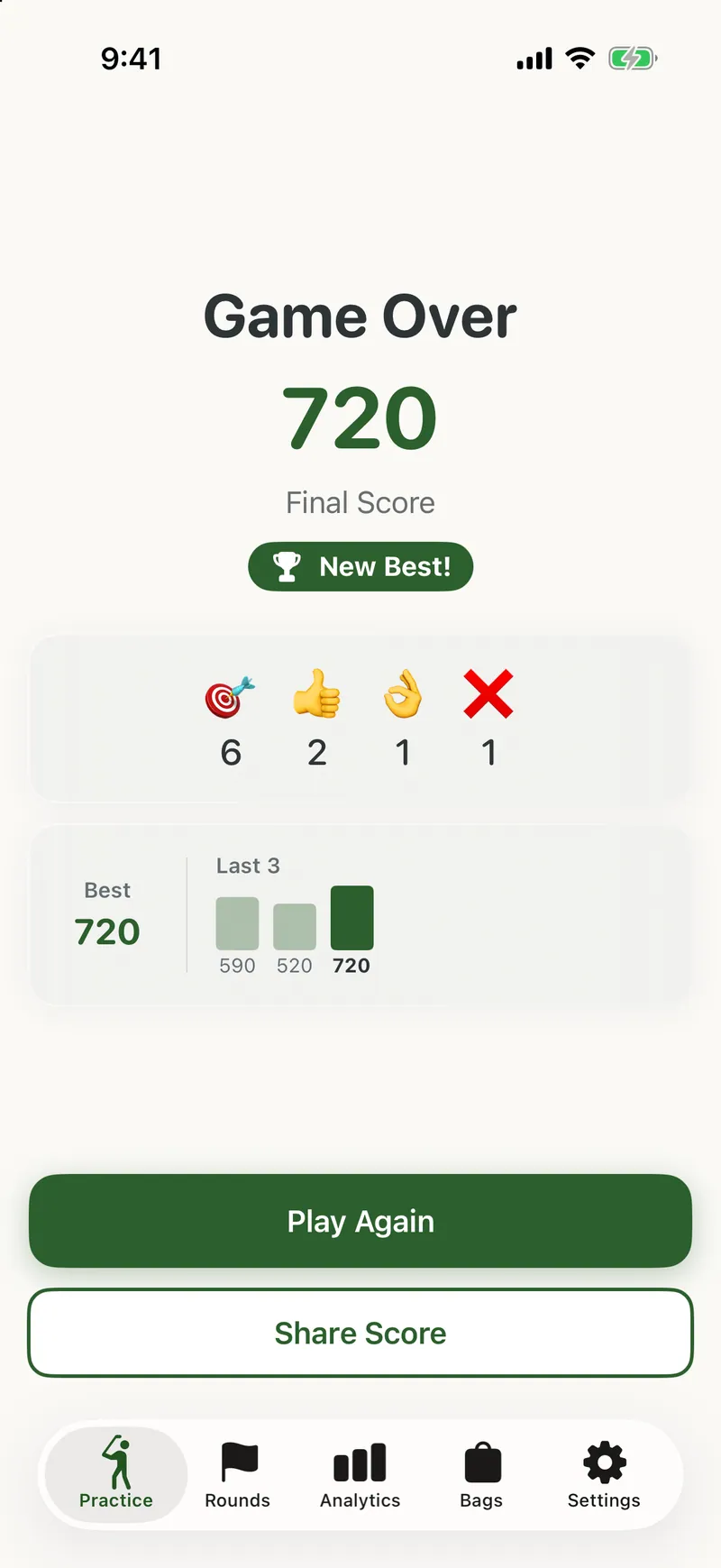 Target Practice Game Over with a 720 final score, a new best, and the last three games.